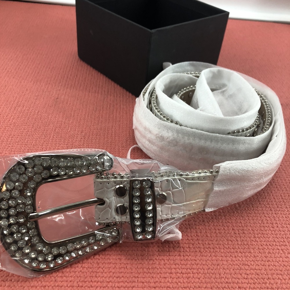 Geniune Leather 1.5" Western Rhinestone Belt White 36-42 XL Cowboy Cowgirl Rodeo